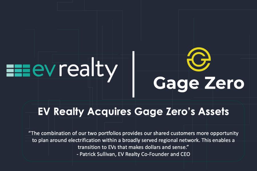 Gage Zero and EV Realty logos on a blue background.